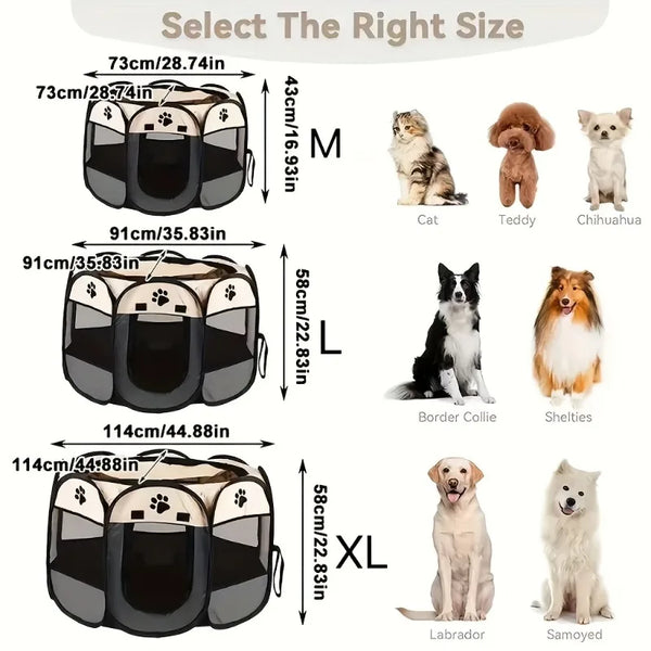 A set of portable foldable pet playpens in black and gray sizes M, L, and XL shown with corresponding pets.