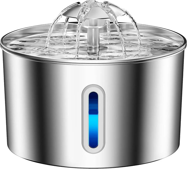 Stainless steel pet water dispenser with dual flow features, showing water being dispensed.