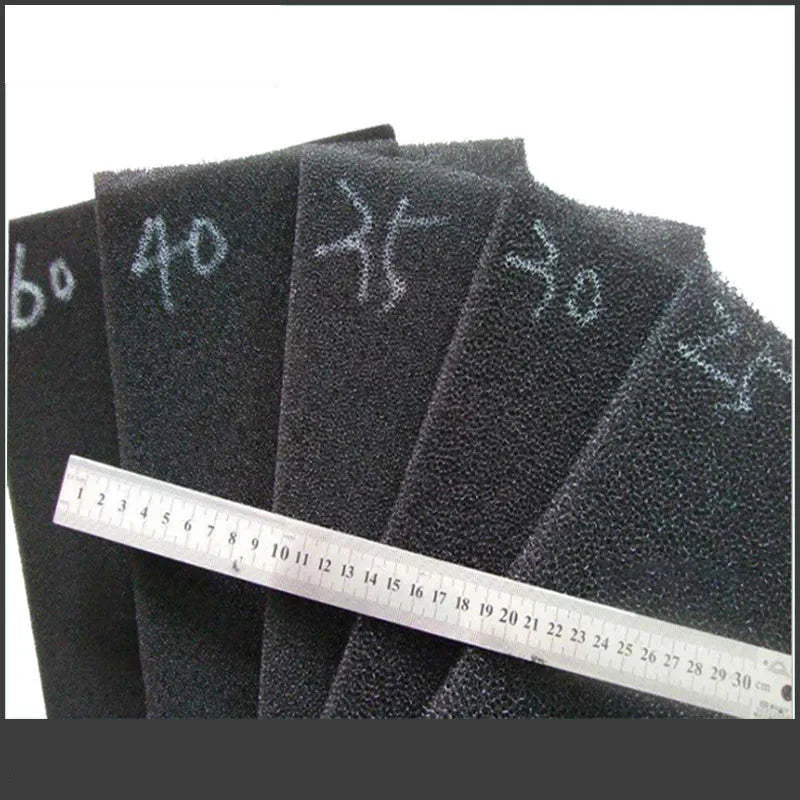 A series of black aquarium biochemical sponge filters are displayed, marked with various numbers.