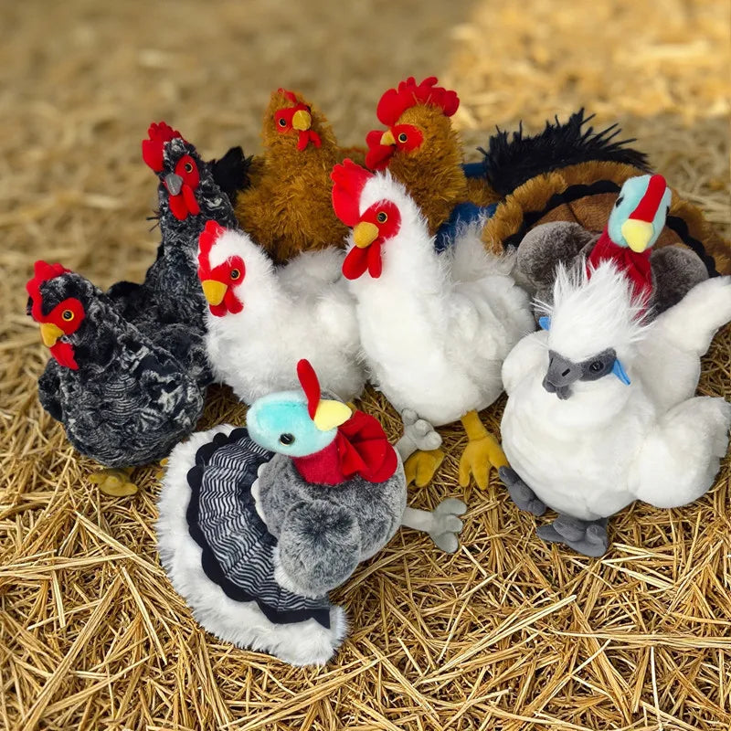 A collection of lifelike plush rooster and hen toys in various colors and textures resting on straw.
