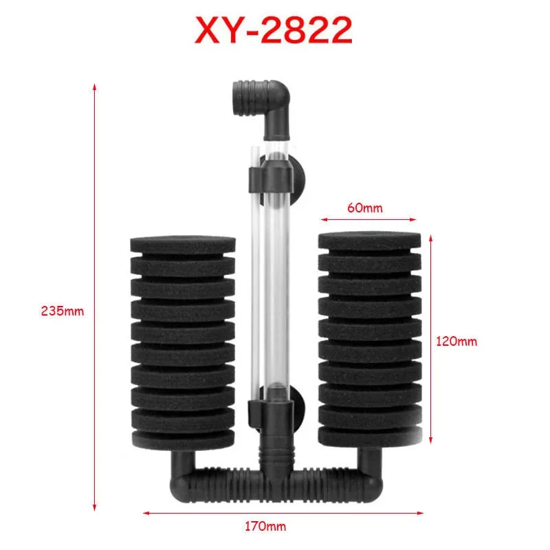 A vertical aquarium biochemical sponge filter with black and clear components.