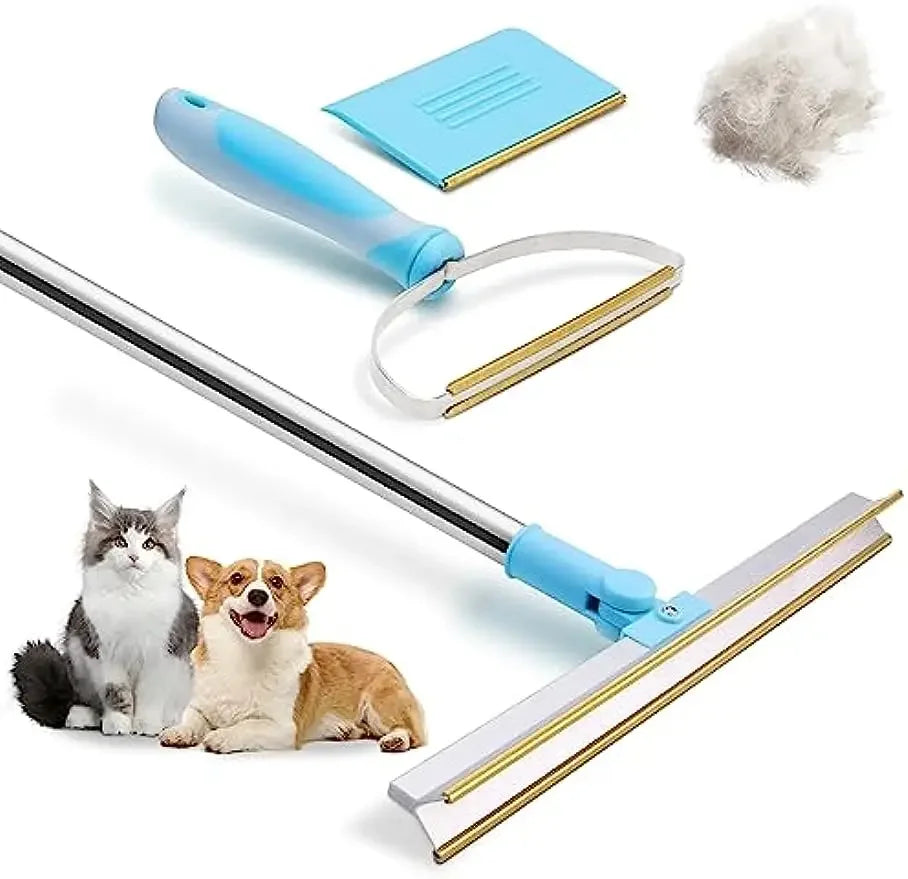 3-teiliges Tierhaar-Entfernungswerkzeugset mit blauem Griff, Reinigungspad und Teleskopstange