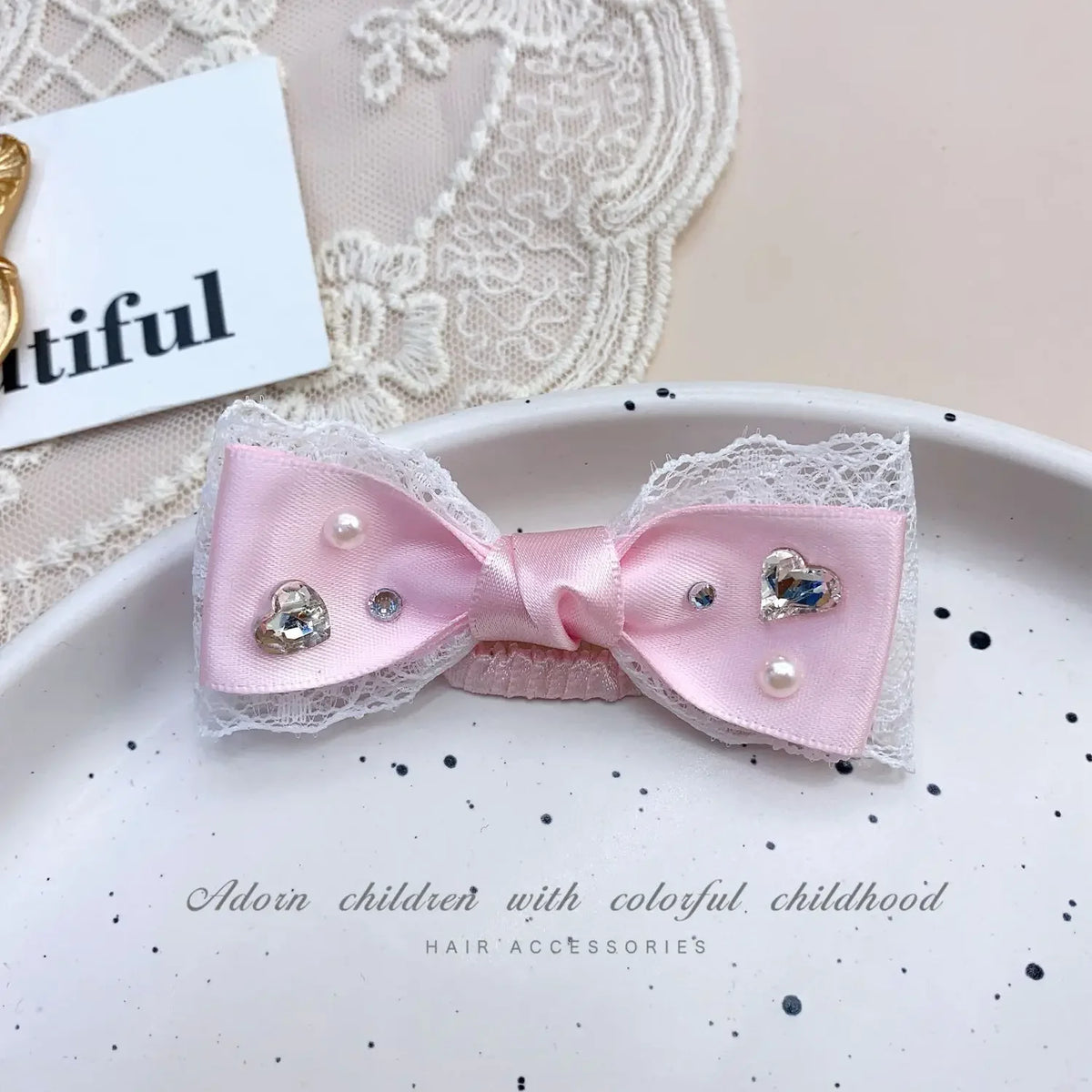 Pink Bow Pet Hair Clip with Rhinestone & Pearl Accents