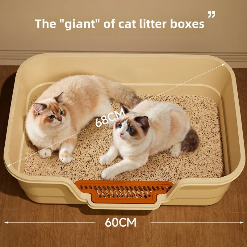 A large semi-enclosed cat litter box containing two cats on a beige litter bed.