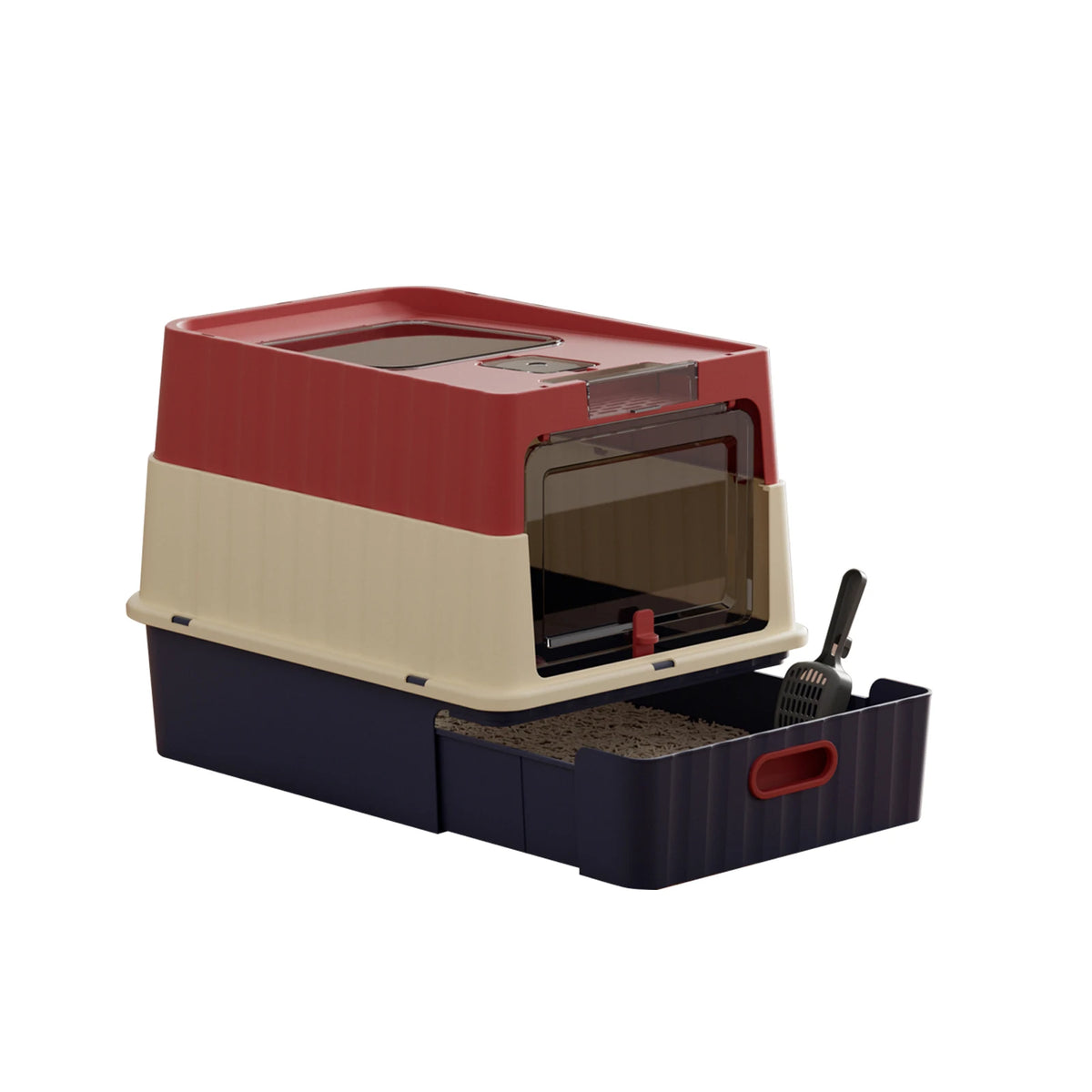 A reddish-brown and beige enclosed stainless steel cat litter box with a low entry.