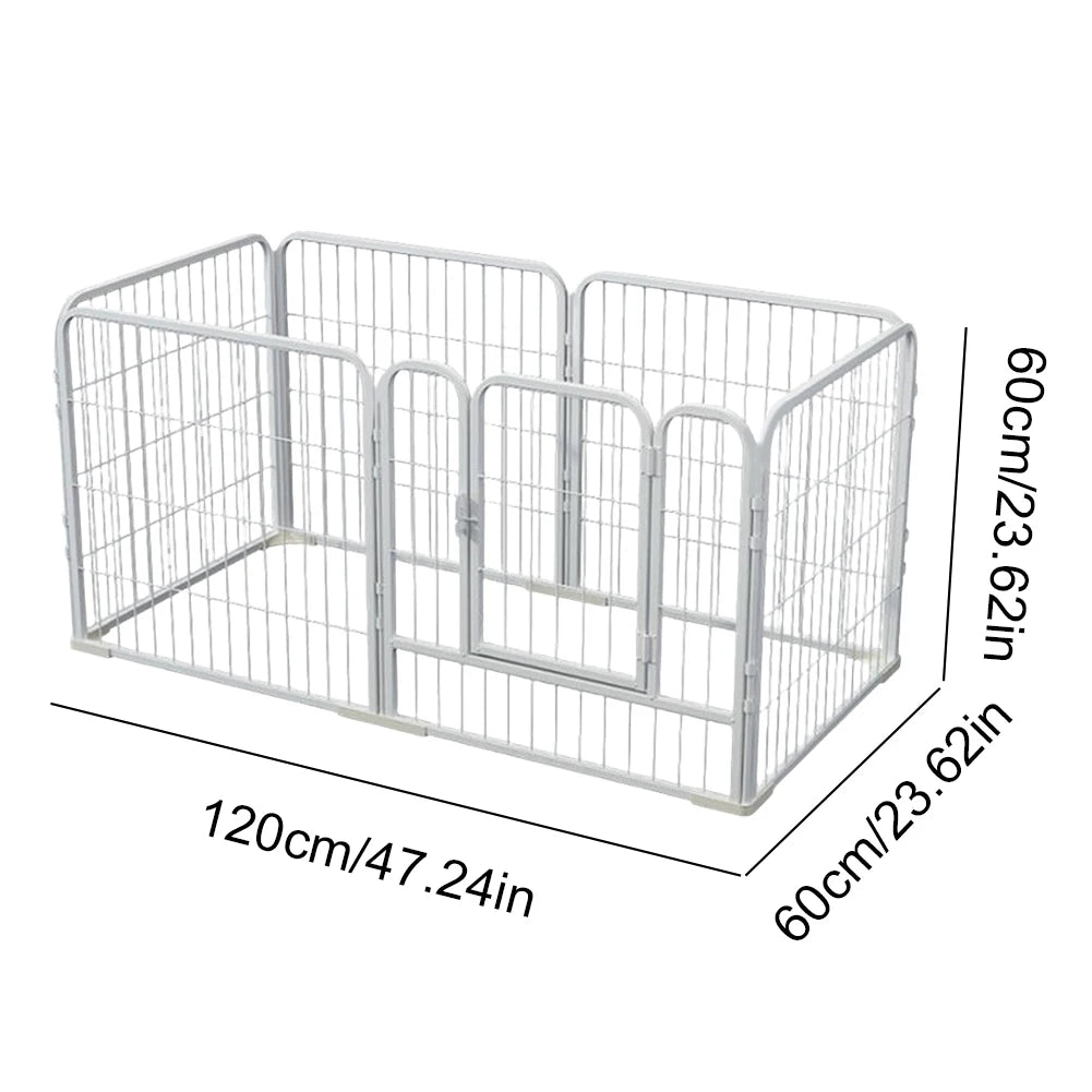 A white foldable pet playpen with six vertical panels, measuring 120cm long and 60cm high.