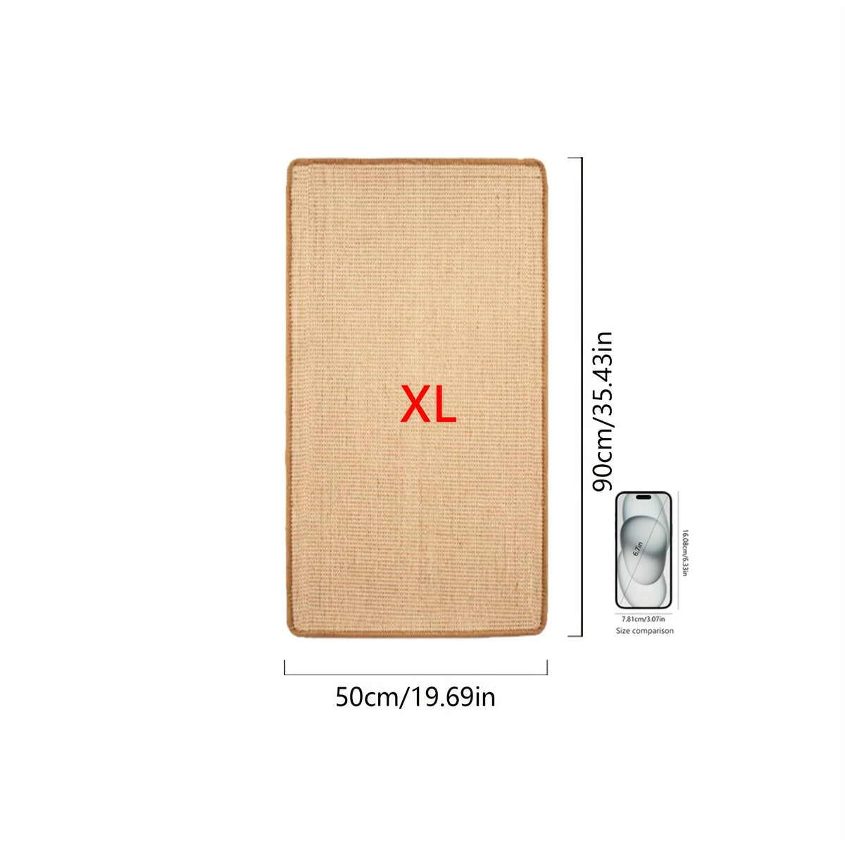 A rectangular natural sisal cat scratching mat in a light tan color, labeled XL size.