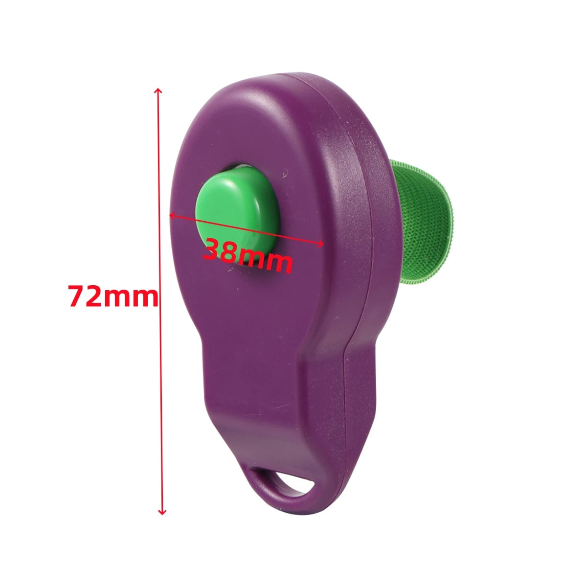 Purple dog training clicker device with a green finger band and dimension markings.