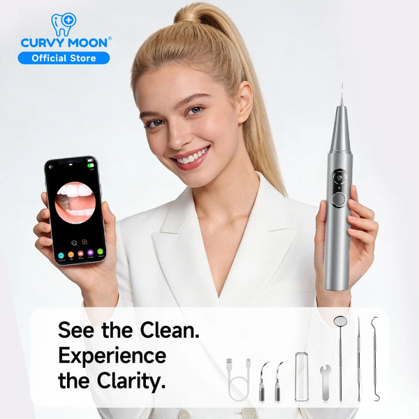 A woman holds a silver ultrasonic teeth cleaner device and a smartphone, demonstrating the product.