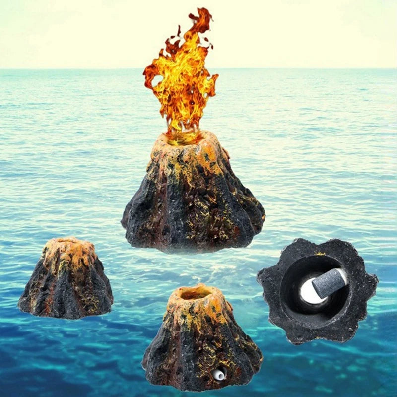 Simulated volcano decor featuring a stone and an oxygenation tube submerged in blue water.