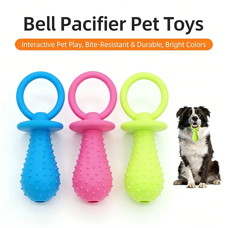 Three bone-shaped rubber pet toys in blue, pink, and lime green for dogs