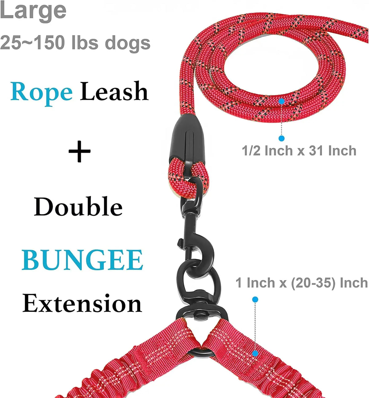 Red rope leash for large dogs featuring a double bungee extension.