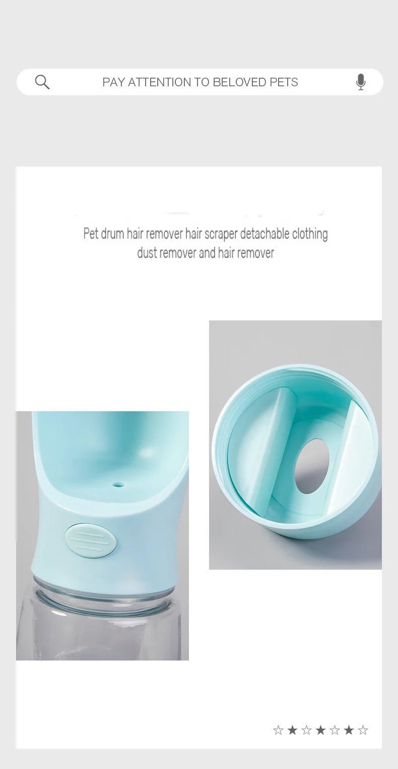 A light blue pet drum hair remover scraper and dust remover tool shown in a bottle container.