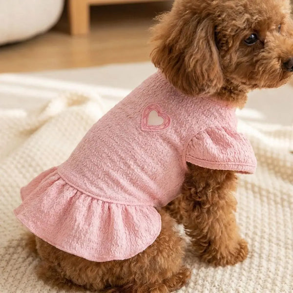 Un perro marrón esponjoso vistiendo un vestido rosa con mangas aleteadas, tumbado sobre una manta blanca.