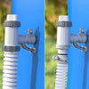 A white pool hose adapter kit with a plunger valve and wall mount attached to a blue surface.