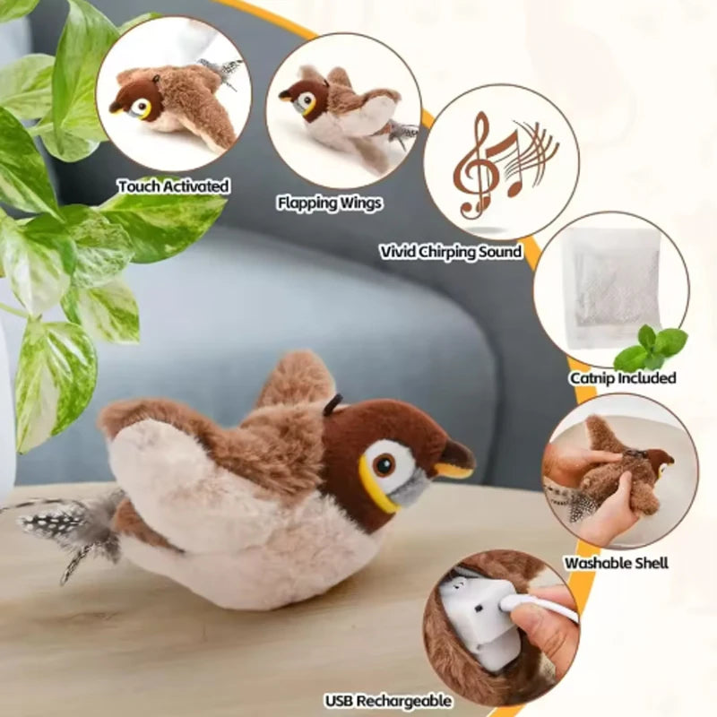 Jouet chat oiseau en peluche avec ailes qui battent et son piaillement, coque lavable et batterie rechargeable USB.