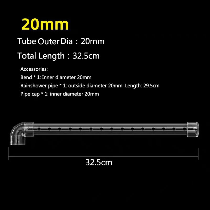 A transparent acrylic tube with various accessories for an aquarium spray bar, measuring 32.5cm long.