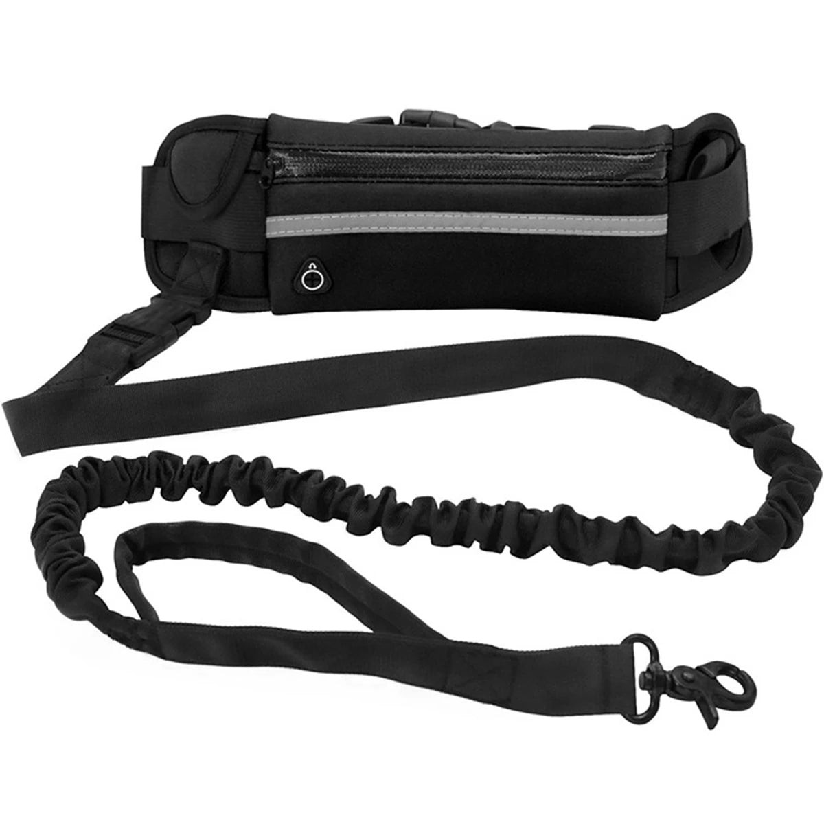 Black hands-free dog leash with a waist bag and reflective stitching