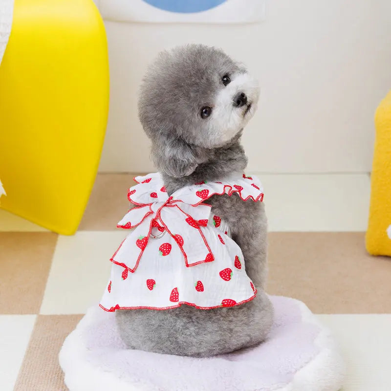 Strawberry Print Dog Dress with Bow for Small Breeds