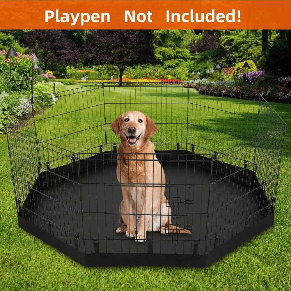 A golden retriever sits inside a black waterproof dog playpen mat on a green lawn.