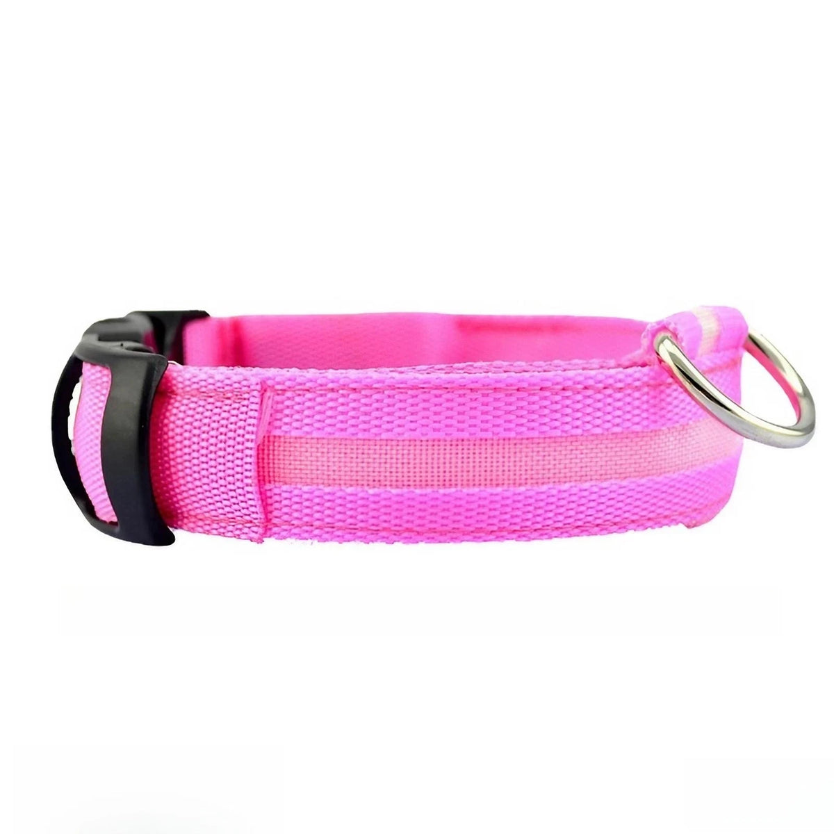 Pink and black reflective LED dog collar with a buckle and a metal clip.