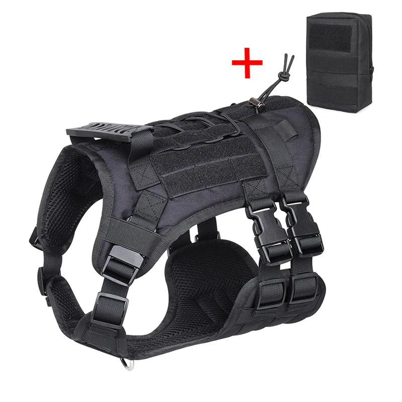 Black heavy-duty dog harness and leash set with a storage pouch