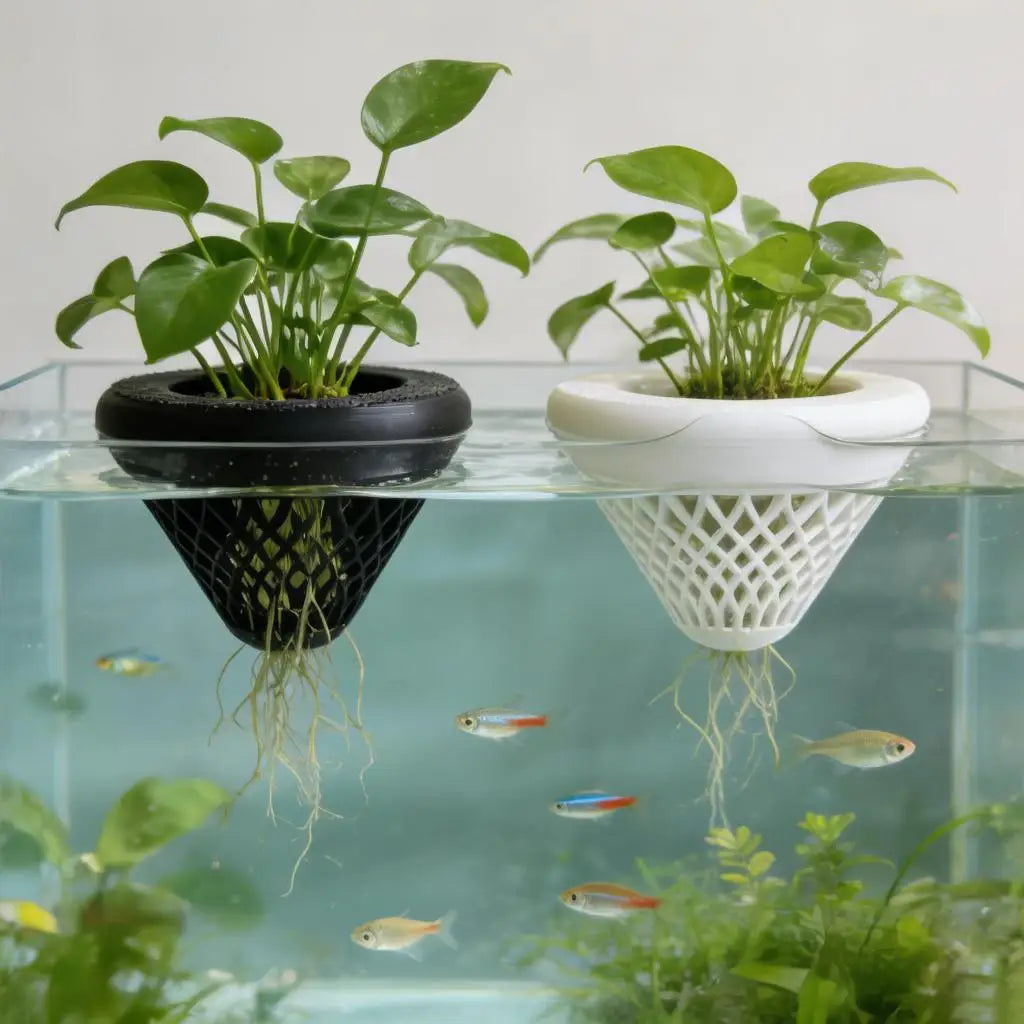 A clear glass aquarium shows a plant holder with suction cups floating above water, with small fish swimming below.