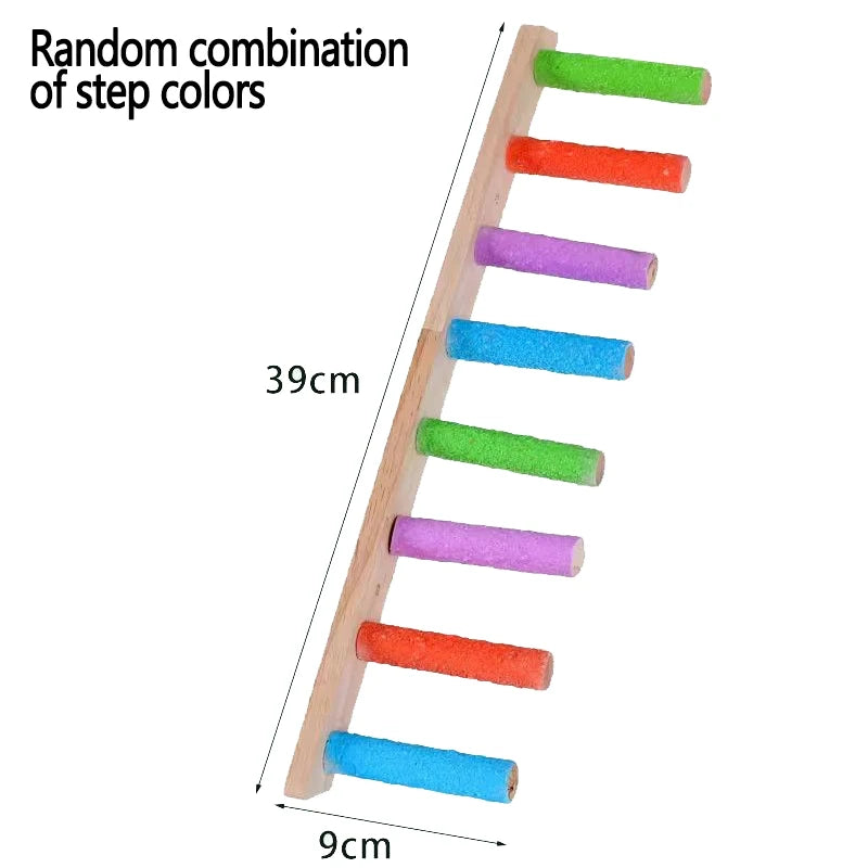 Wooden bird climbing ladder with a random combination of colored steps and dimensions.