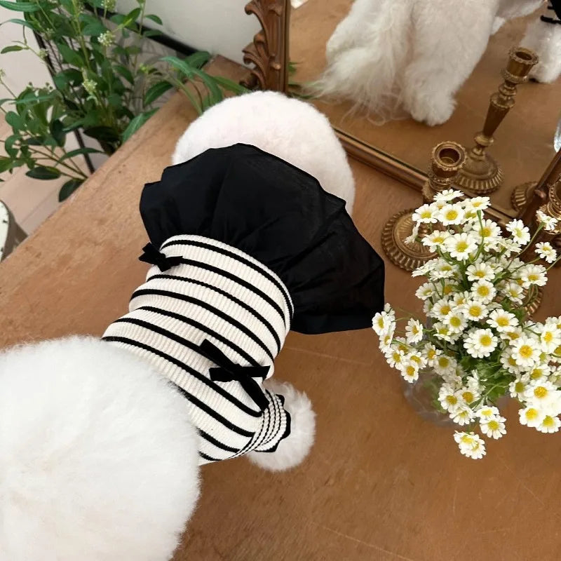 Striped Bow Accent Dog Dress with Flutter Sleeves for Small Breeds