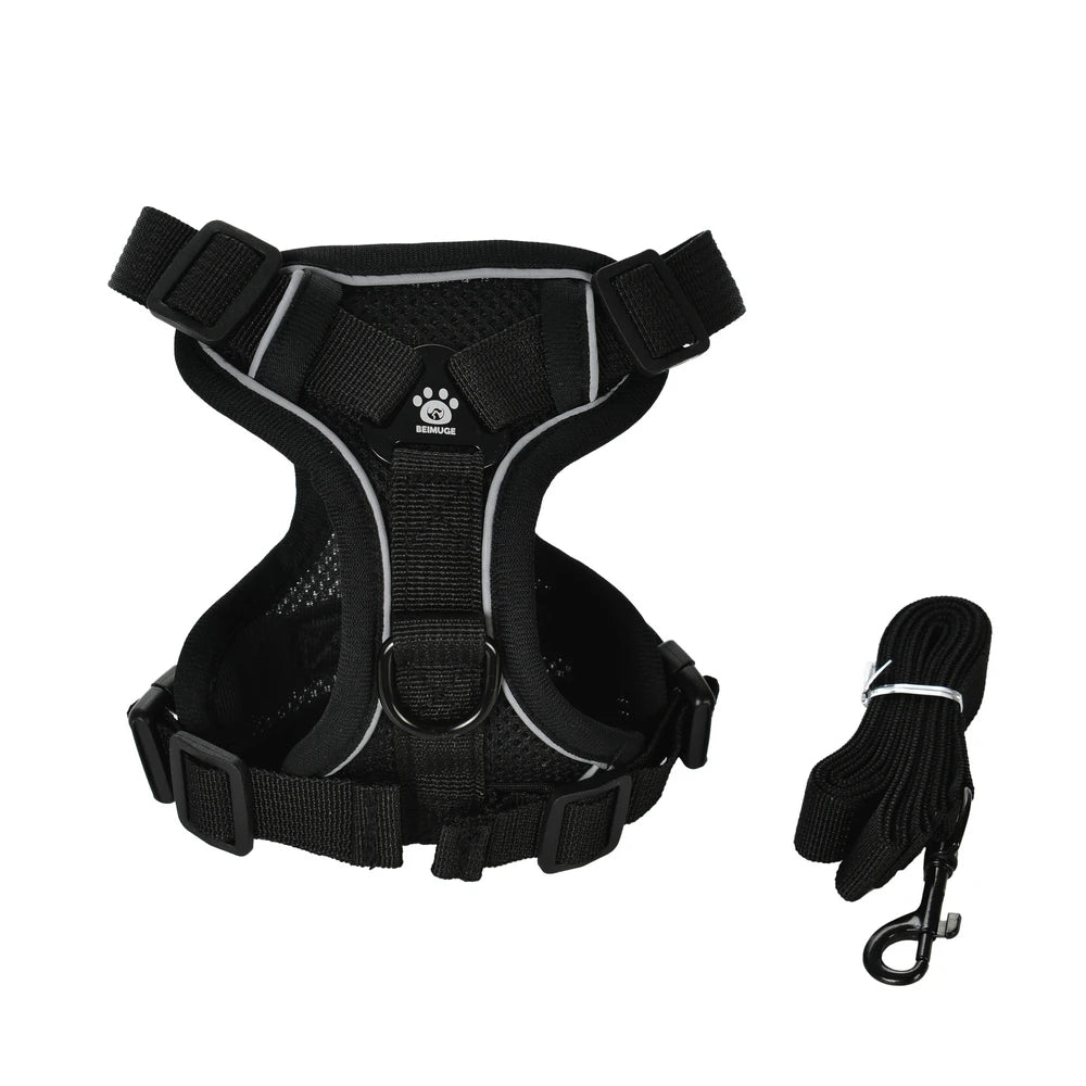 Black adjustable no-pull dog harness and leash set with reflective strips