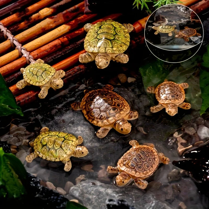 A set of five colorful turtle floating ornaments in various shades and sizes displayed on a dark surface.
