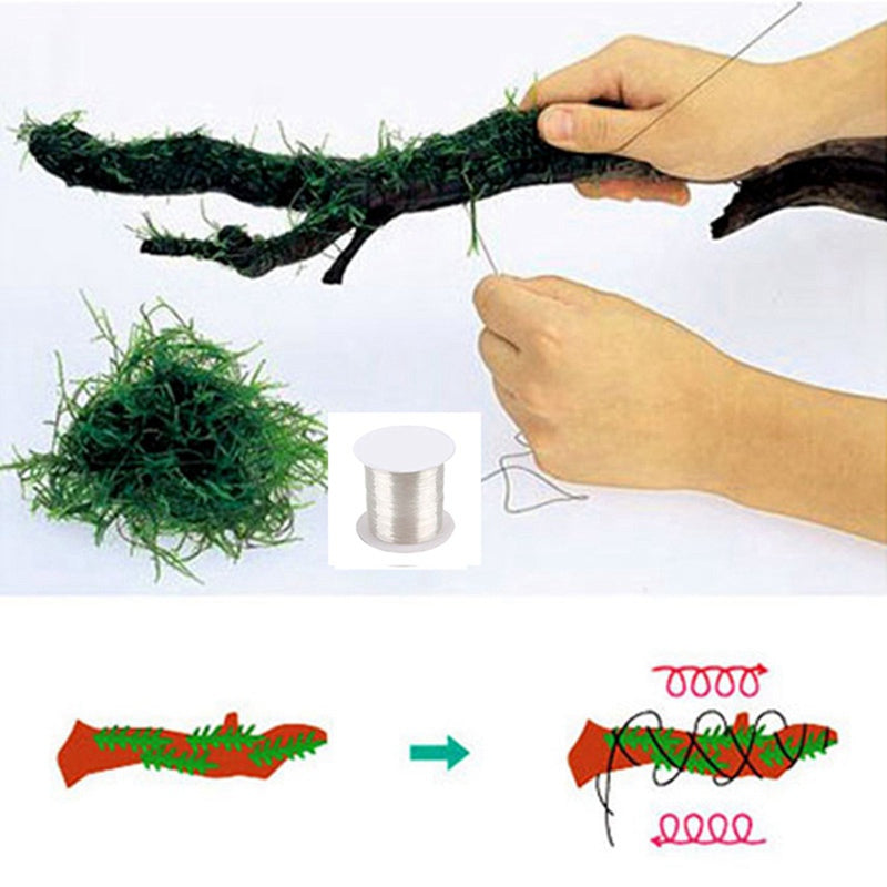 Hands manipulate a dark green moss line used for aquariums, demonstrating its structure and use.
