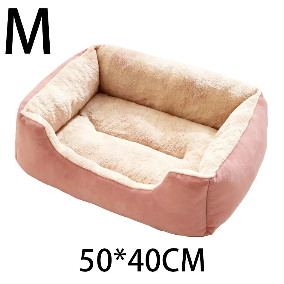 A pink plush pet bed with a soft, fuzzy lining and anti-slip base is shown.