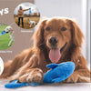 A golden retriever dog lying down with a blue plush shark chew toy for dogs