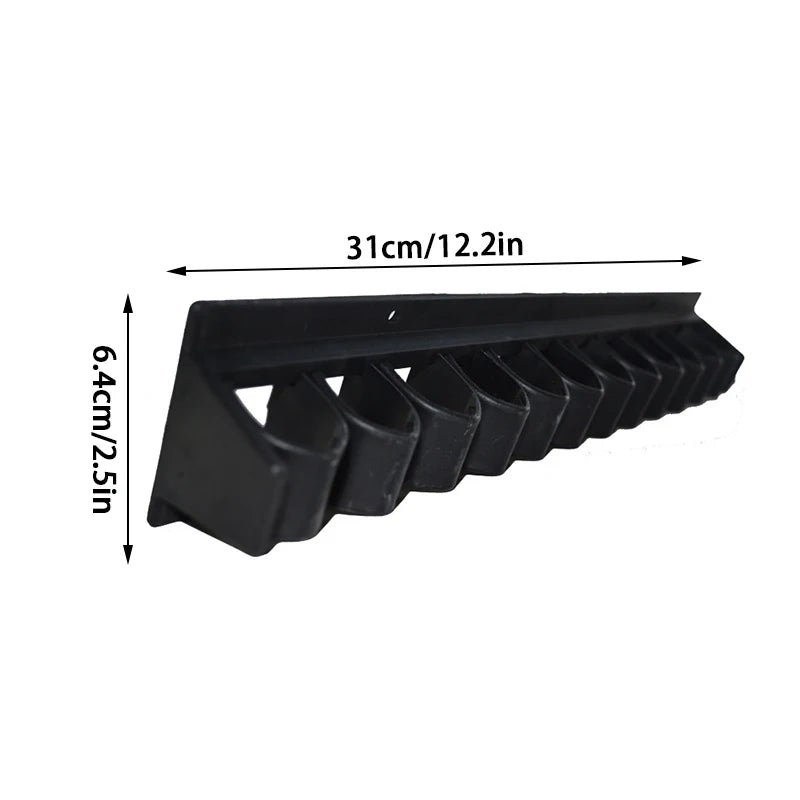 Black wall-mounted equestrian whip rack with 12 slots, measuring 31cm long and 6.4cm high.