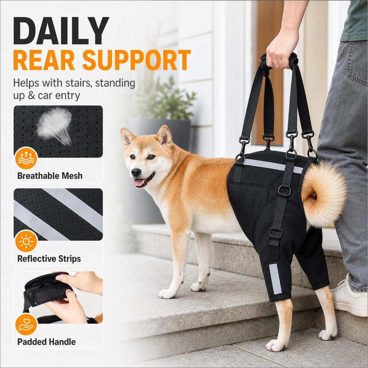 Dog Rear Leg Support Harness with Padded Lift Handle and Reflective Strips