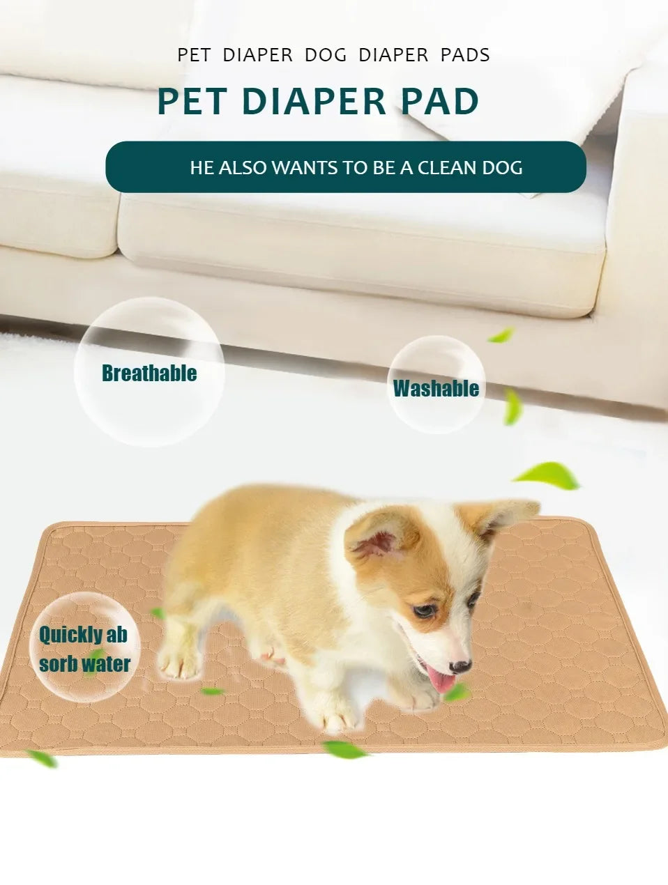 Ein kleiner Hund liegt auf einer braunen Hundepflegeunterlage mit grünen Blättern, die seine schnelle Absorptionsfähigkeit de