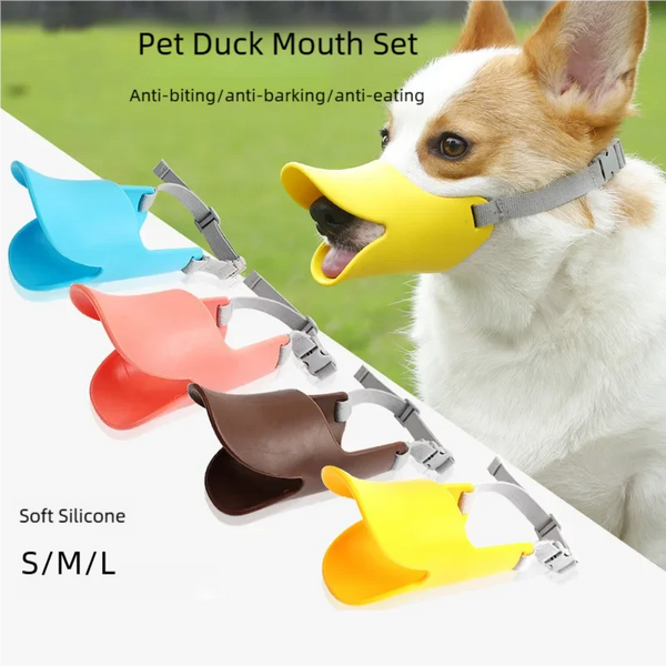 A dog wearing a silicone duck-shaped muzzle with various colored silicone pieces for anti-biting and anti-barking.