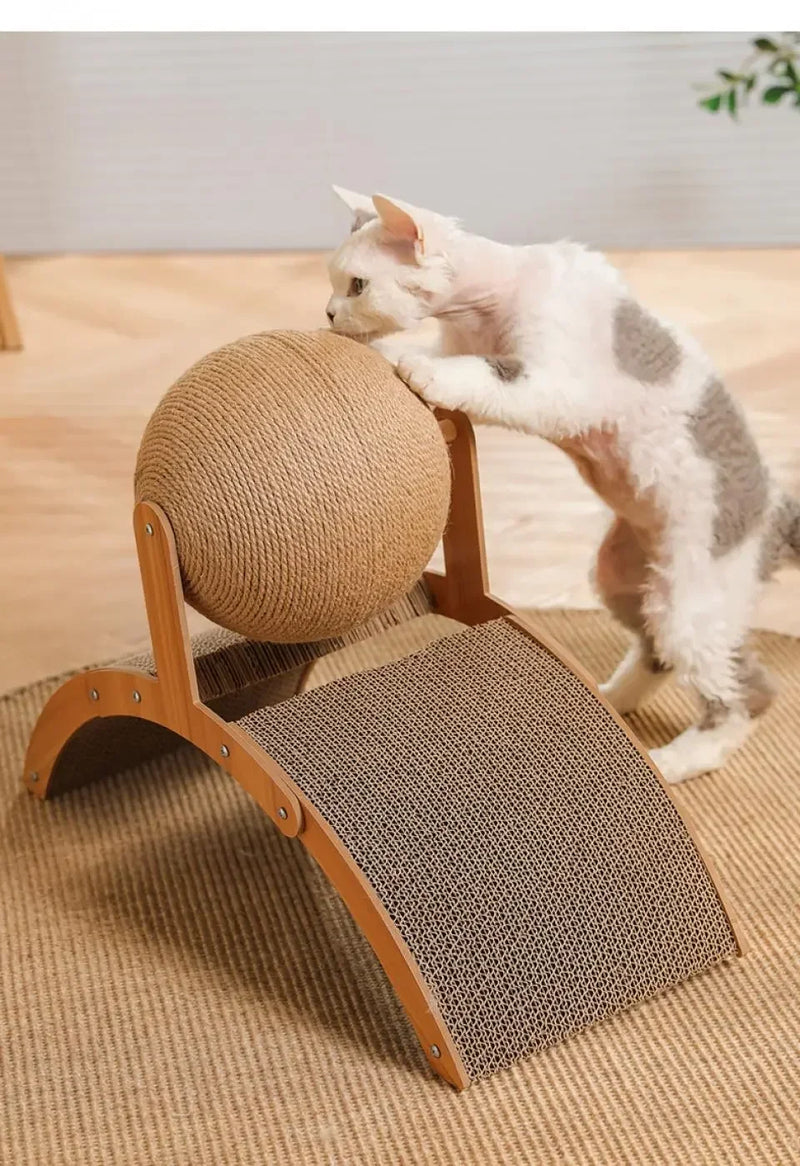 Balle à griffer 2-en-1 pour chat avec support en bois