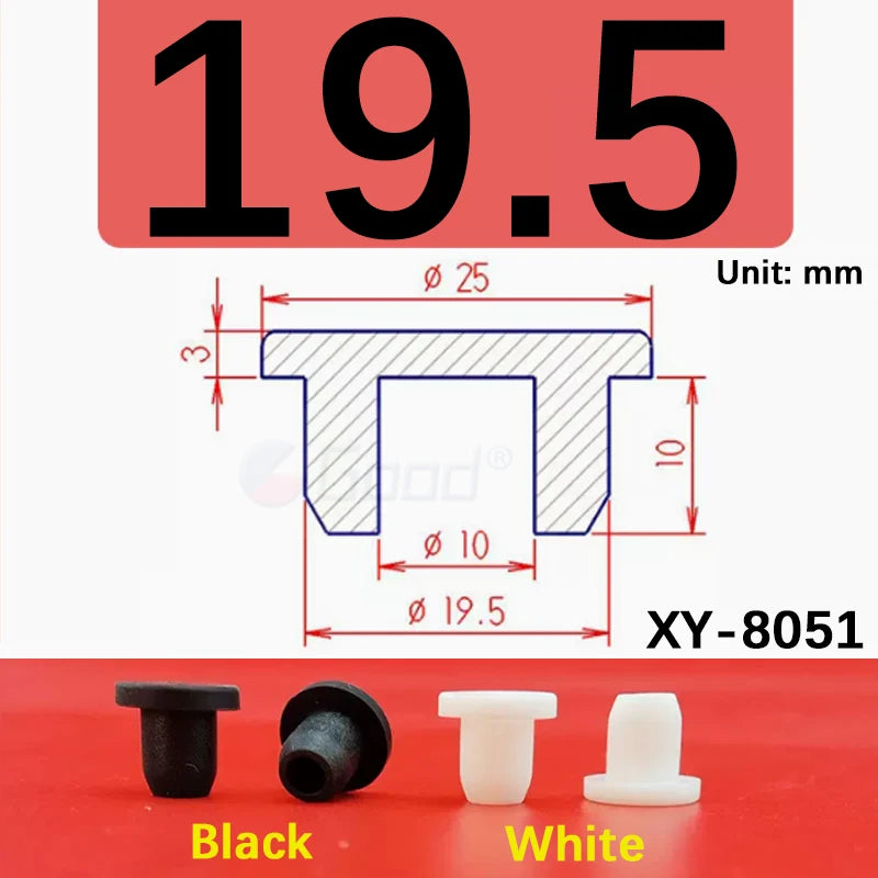Black and white silicone rubber hole plugs shown next to a measurement diagram for XY-8051