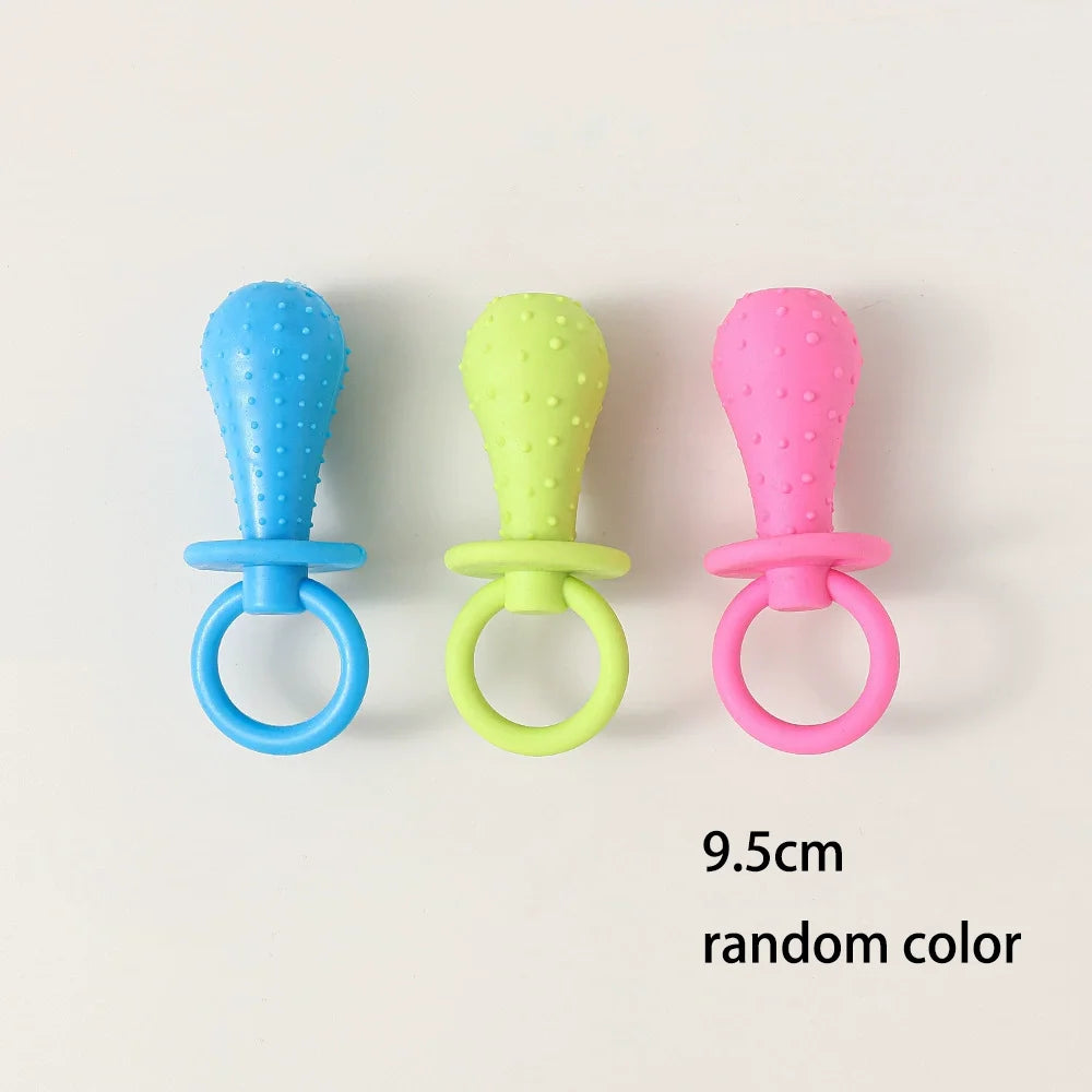 Three bone-shaped rubber chew toys in blue, green, and pink for small dogs