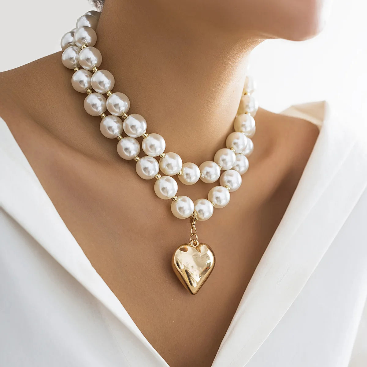 Vintage Pearl Heart Pendant Choker Necklace