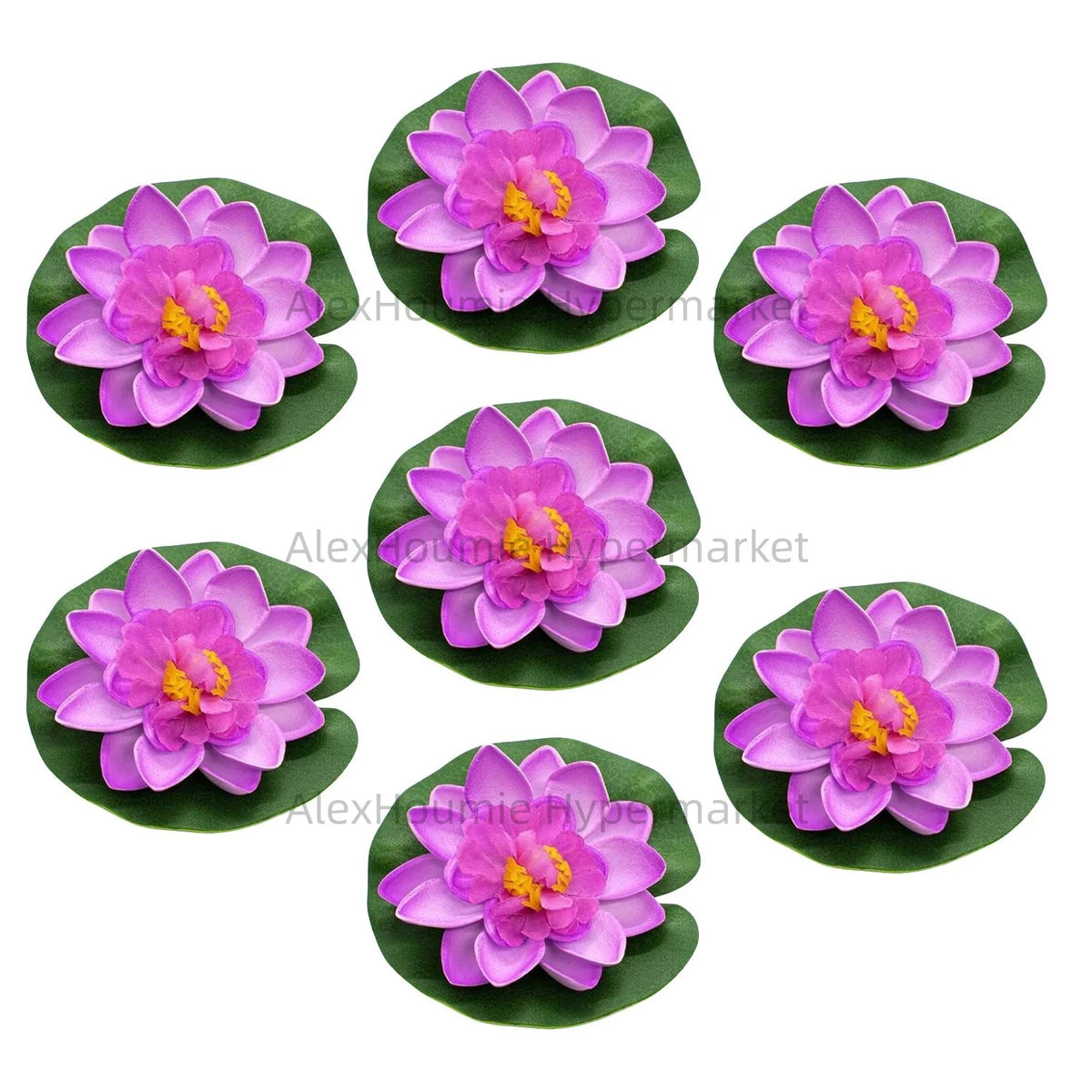 A set of seven pink and purple floating foam lotus flowers resting on green water lily pads.