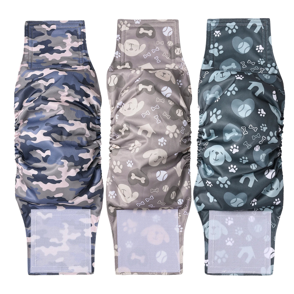 Three reusable washable dog belly bands for male dogs in camouflage patterns.