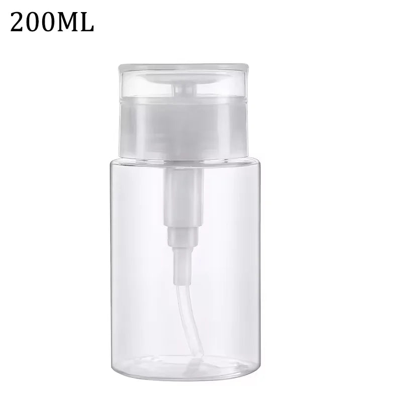 Clear refillable pump bottle with a white cap for nail polish remover or makeup