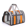 A foldable mesh pet carrier in gray and orange with shoulder straps.