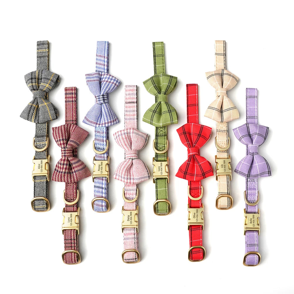 A set of personalized bowtie dog collars featuring various plaid patterns and custom engraved nameplates.