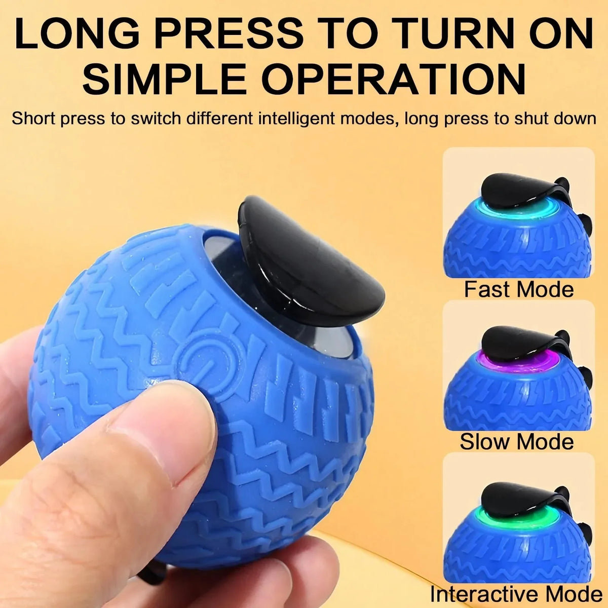A blue intelligent pet ball for cats showing different modes like Fast, Slow, and Interactive.