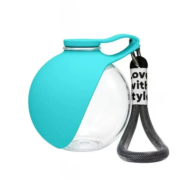 A teal glass water bottle with a silicone cap and a black fabric strap for carrying.