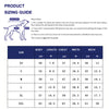 A sizing guide chart showing measurements in centimeters and inches for dog coats.